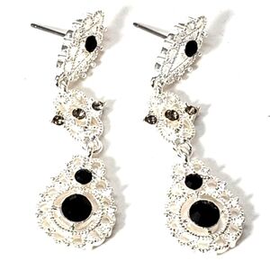Women's Silver tone Filigree & Black Stone, Sparkling Post Drop Dangle Earrings